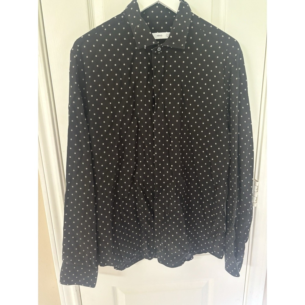 Mango Man NWOT Black Tencel Lyocell Micro Dot Geometric Dress Shirt Mens Large